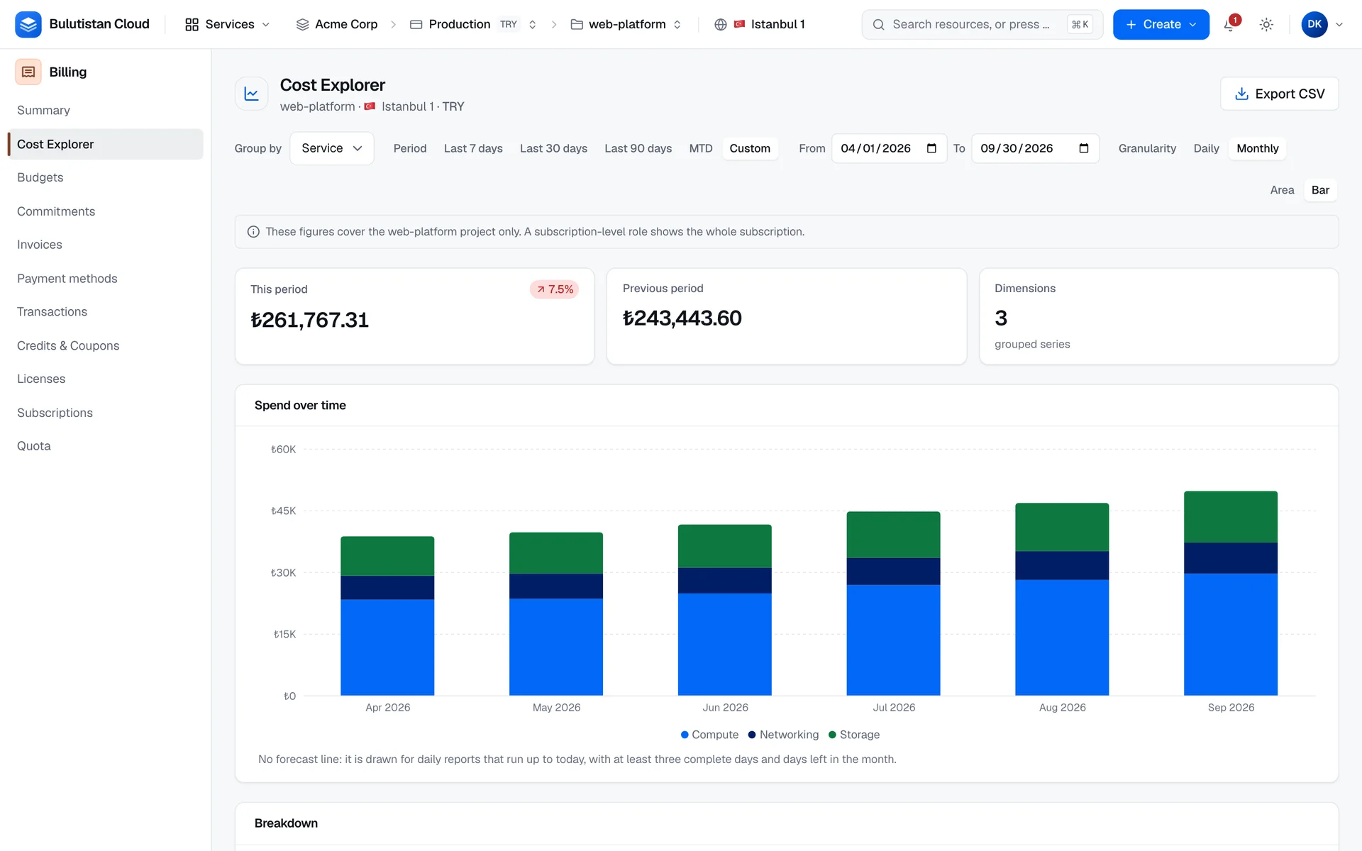 Cost Explorer grouped by service with monthly bars over a custom date range, the totals of this period and the previous period, and a note that the figures cover one project only.