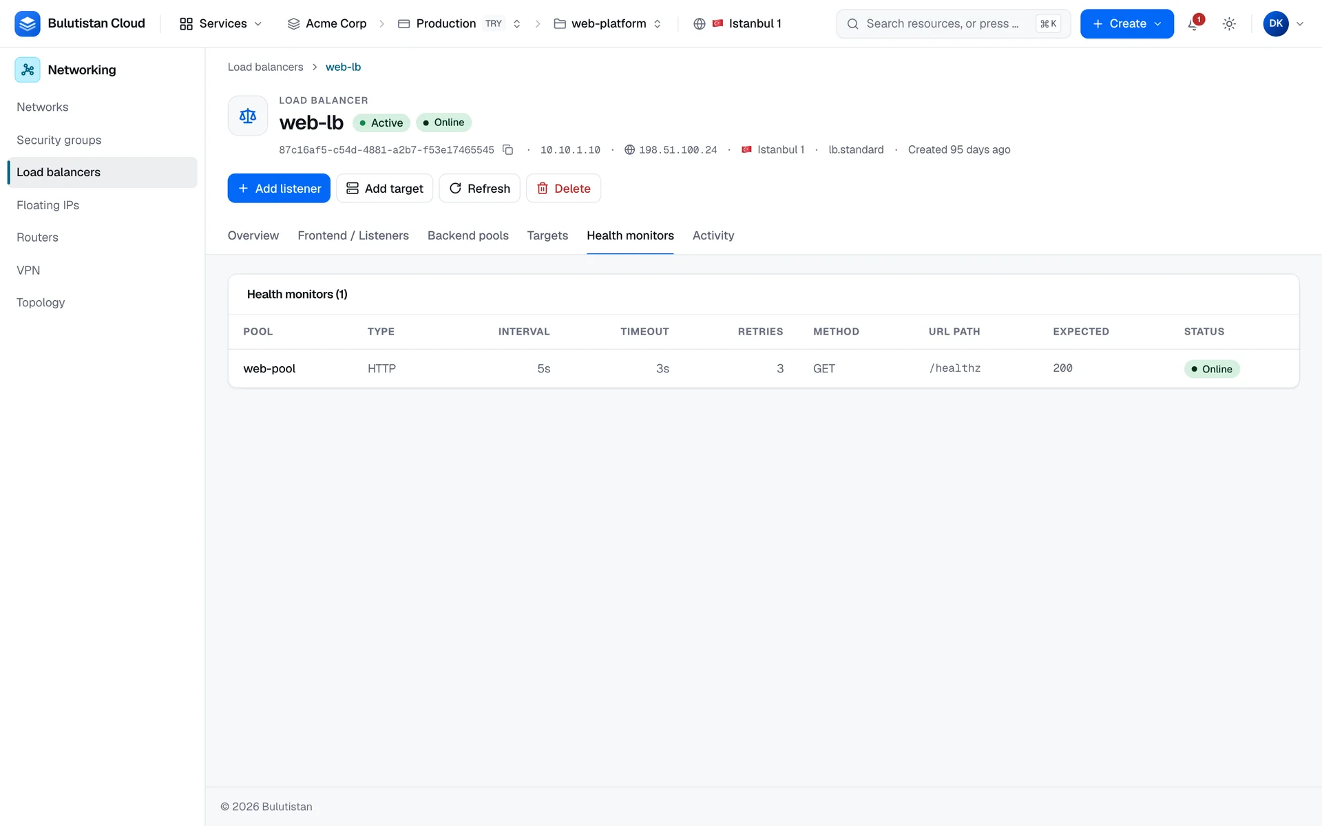 The Health monitors tab of a load balancer: one HTTP monitor on a pool, with its interval, timeout, retries, URL path, expected codes, and status.