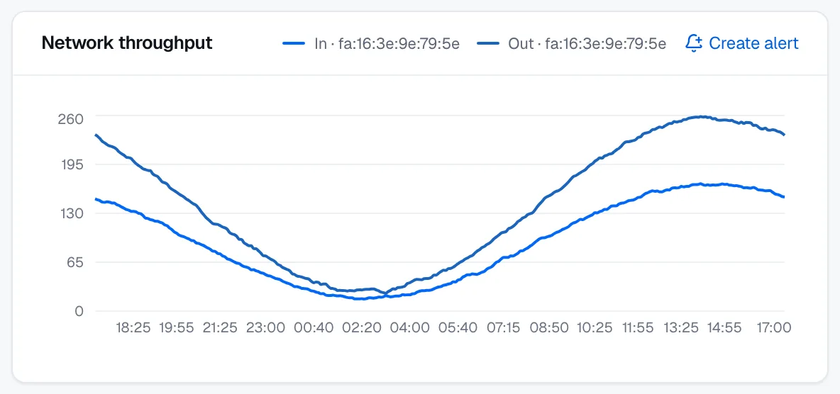 The Network throughput chart with one line for traffic in and one for traffic out, both labeled with the interface's MAC address.