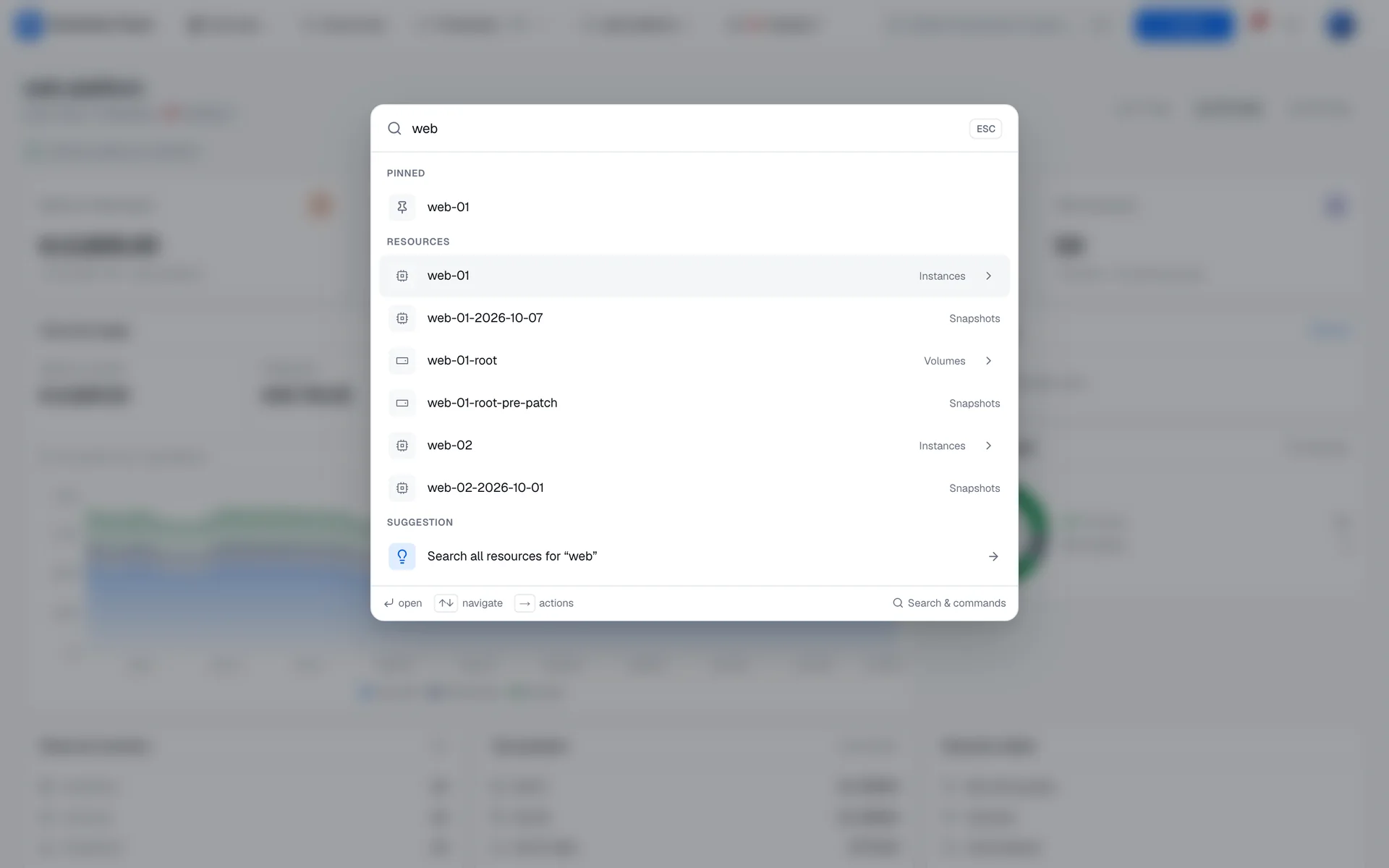 The command palette with the search term web: a pinned instance, matching instances, instance snapshots, volumes, and volume snapshots, and a suggestion to search all resources for web.