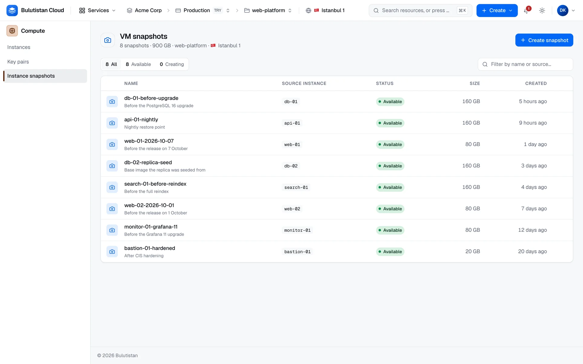 The VM snapshots list with status filters for all, available, and creating restore points, and columns for name and description, source instance, status, size, and creation time.