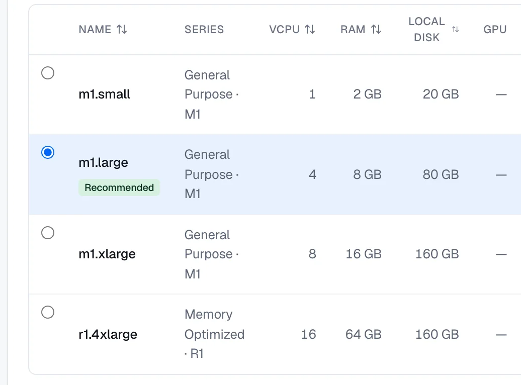 The size table on the Size step of the creation wizard, with columns for name, series, vCPUs, RAM, local disk, and GPU, and one selected size marked Recommended.