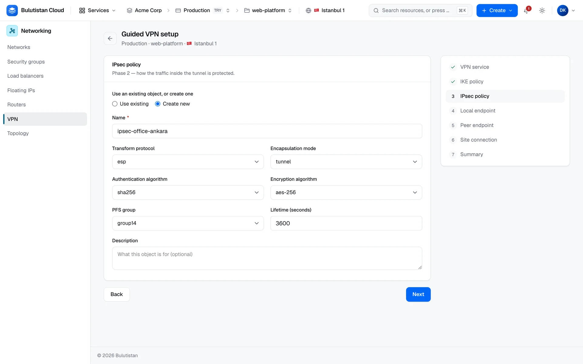 The IPsec policy step of guided VPN setup: Create new is selected, with the name, transform protocol esp, encapsulation mode tunnel, sha256, aes-256, group14, and a 3600-second lifetime.
