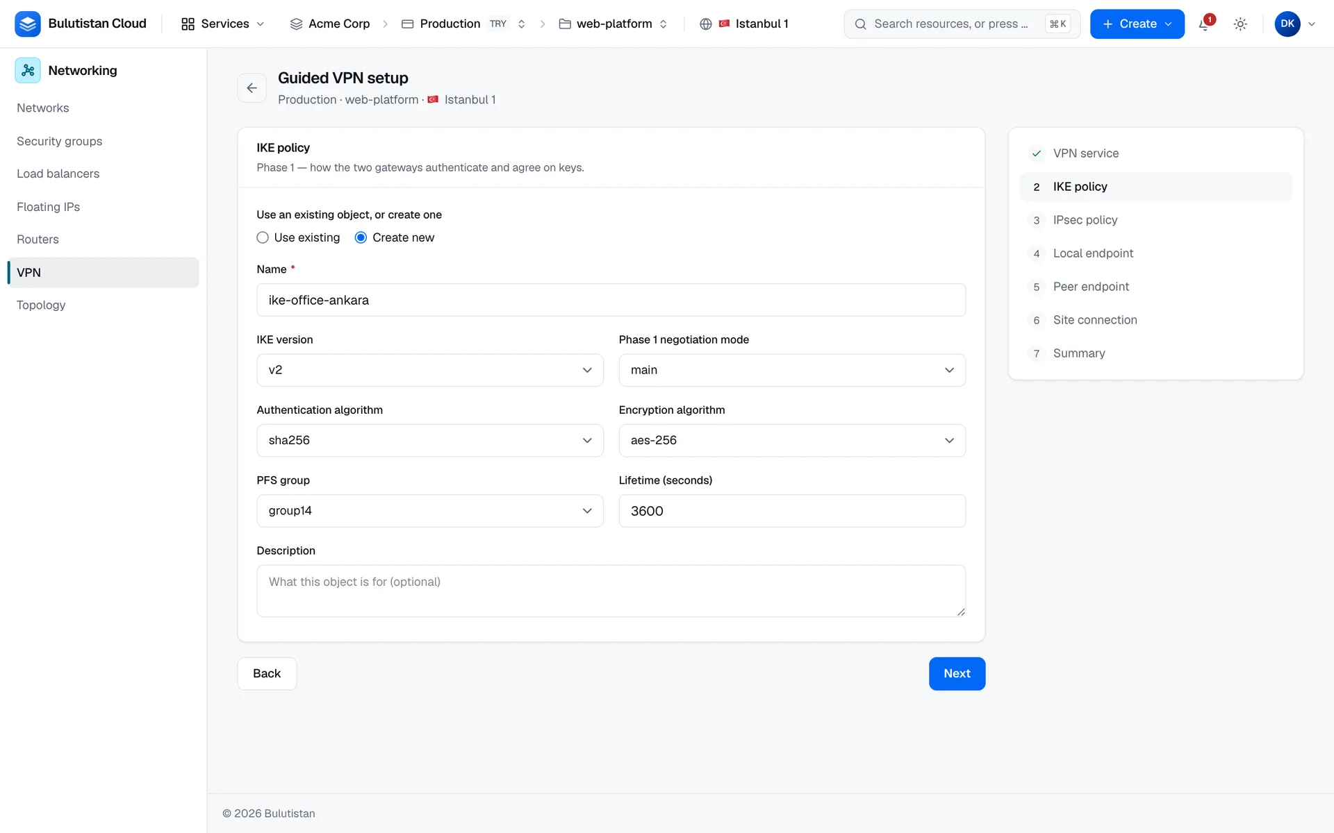 The IKE policy step of guided VPN setup: Create new is selected, with the name, IKE version v2, phase 1 mode main, sha256, aes-256, group14, and a 3600-second lifetime; the step list shows VPN service as done.
